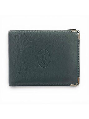 Cartier Leather Must Ducartier Logo Billfold Bifold Wallet Navy Silver